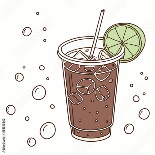 Refreshing Iced Cola Drink with Lime and Ice Cubes in a Plastic Cup