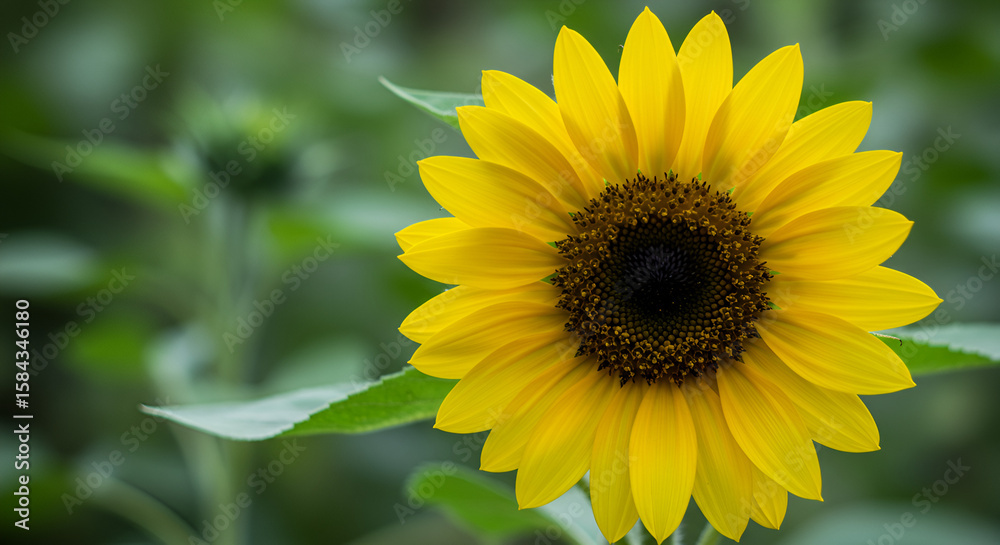 Obraz premium Bright yellow sunflower in full bloom against a blurry green background