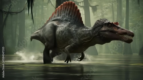 Spinosaurus in a Lush Swamp: A Prehistoric Predator Encounter in an Aquatic Habitat