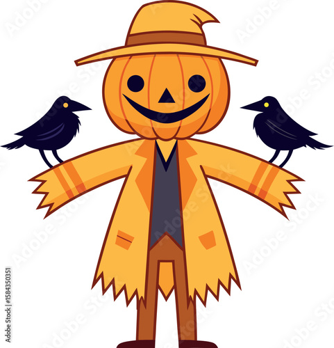 Friendly cartoon pumpkin scarecrow with two black crows on white background