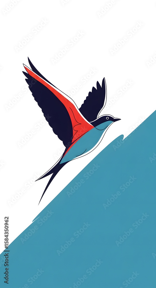 Obraz premium Colorful stylized illustration of a bird in flight against a teal background.