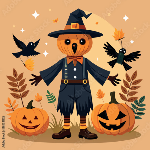 Friendly scarecrow with pumpkin head and crows celebrates halloween surrounded by autumn leaves