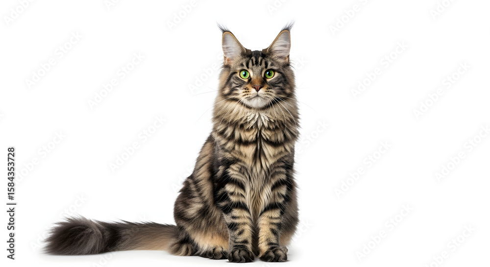 Fototapeta premium Majestic Maine Coon: A stunning studio shot of a regal Maine Coon cat, showcasing its distinctive features, attentive gaze, and luxurious fur.