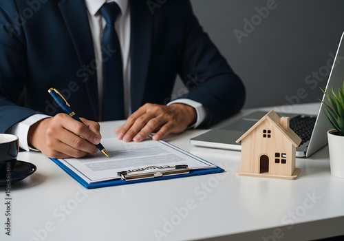Agent signing real estate deed, showcasing secure property contract deals, legal documentation. Concepts buying, selling, renting, investment, and residential market.�