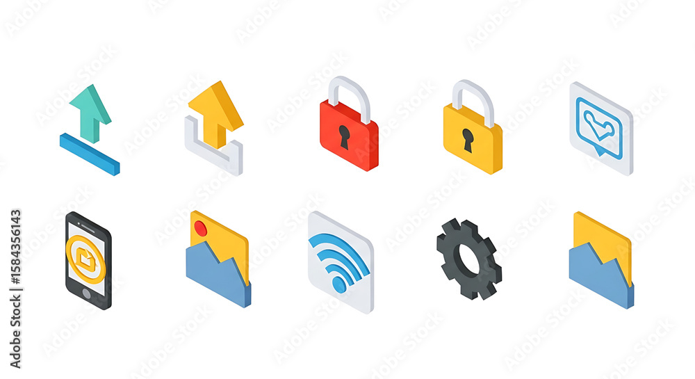Fototapeta premium Digital Security and Data Protection Icons in Isometric Style