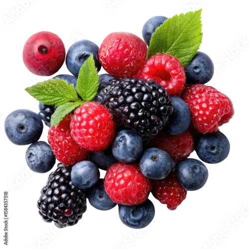 Fresh low calorie mixed berry food with raspberry blueberry blackberry and cranberry colorful arrangement with green leaves png