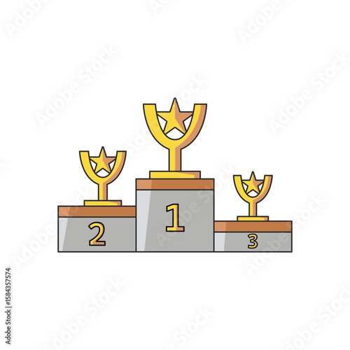 A cartoon icon of a three-tiered podium with a golden trophy on each step, representing victory and achievement in cycling races.