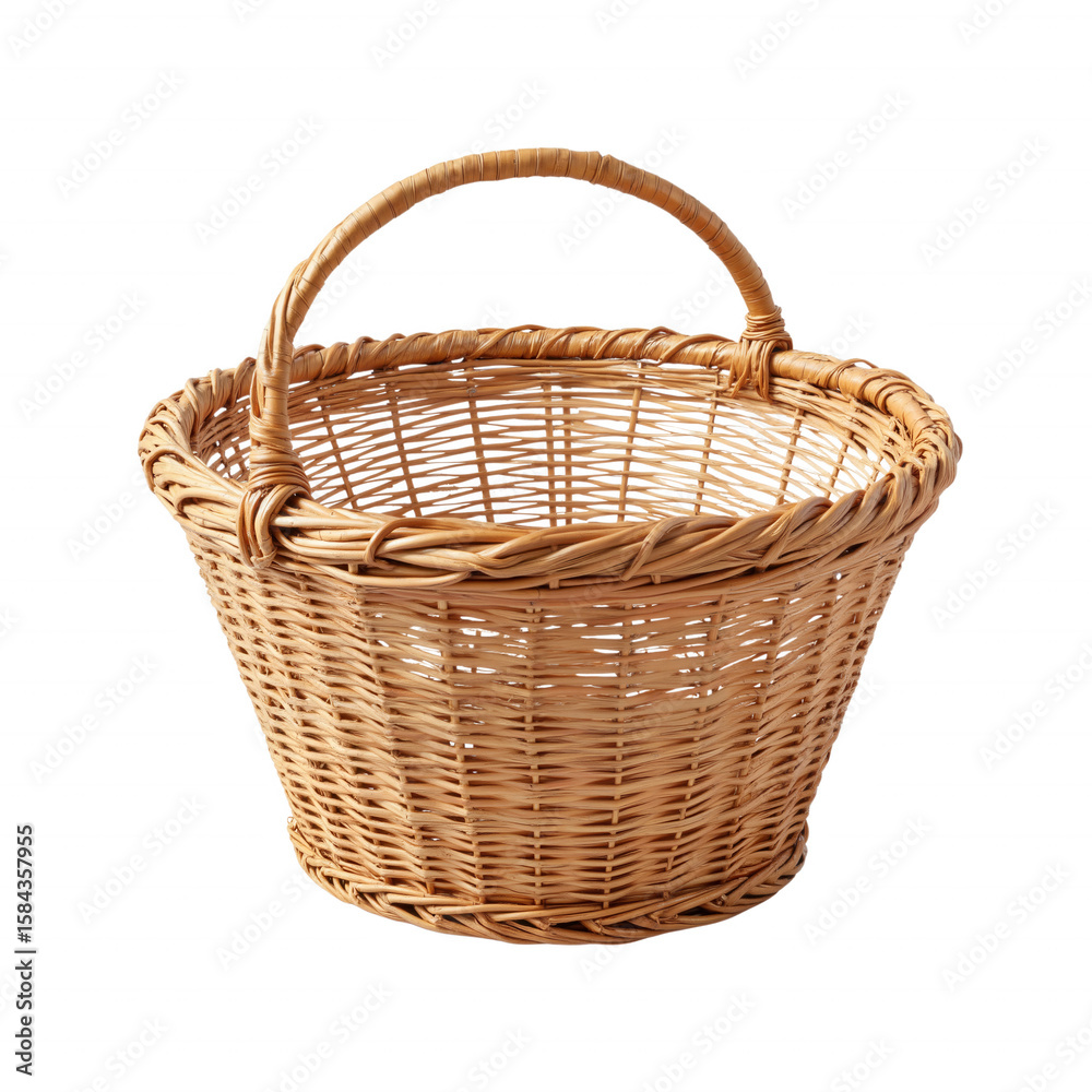 Obraz premium Round Wicker Basket with Curved Handle Displayed for Home and Storage Use