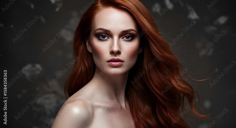 Naklejka premium Striking portrait of a beautiful woman with flowing red hair and flawless skin in a dramatic style.