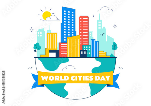 World Cities Day Vector Illustration in Global Urbanization on Sustainable Urban Development with Tall Buildings in a Flat Style Cartoon Background