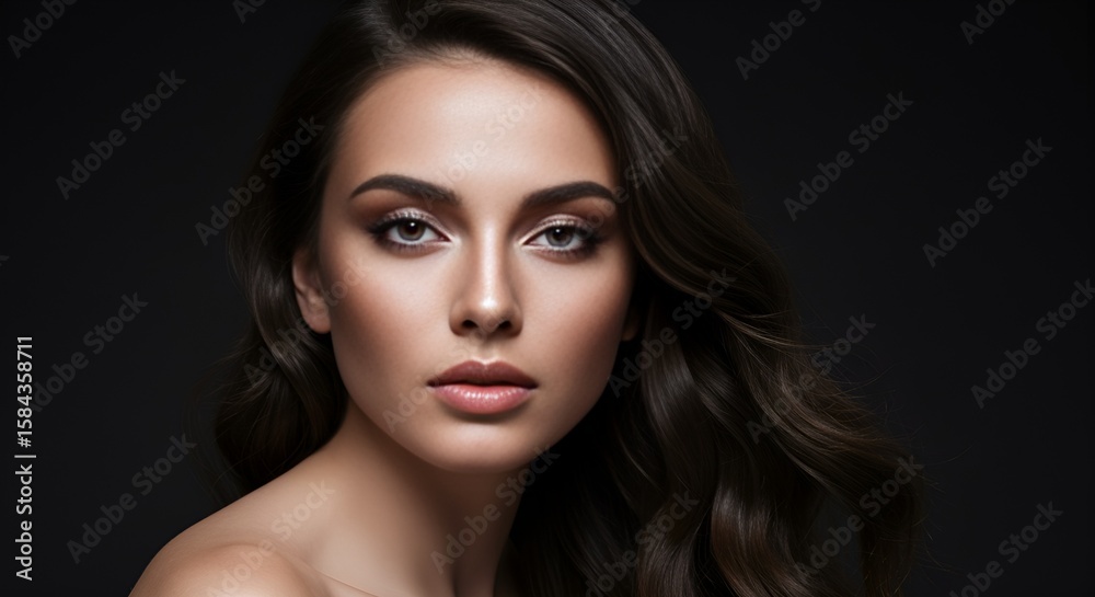 Obraz premium Close-up portrait of a beautiful woman with smoky eye makeup, dark hair, and a serene expression.
