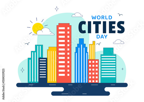 World Cities Day Vector Illustration in Global Urbanization on Sustainable Urban Development with Tall Buildings in a Flat Style Cartoon Background