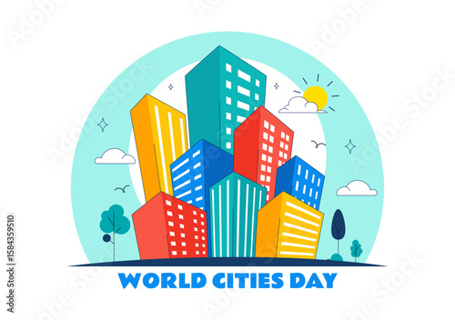 World Cities Day Vector Illustration in Global Urbanization on Sustainable Urban Development with Tall Buildings in a Flat Style Cartoon Background