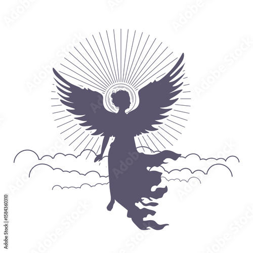 Fantasy woman angel soars in the air with huge bird wings. Girl in levitation flies. Lady goddess in dress, fabric waving fluttering in motion. Goddess girl descends from the sky