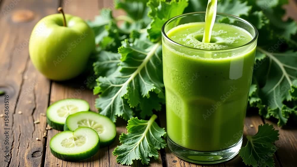Preparing a vibrant green smoothie with fresh kale, cucumber, and apple on a wooden surface Preparing a vibrant green smoothie with fresh kale, cucumber, and apple on a wooden surface