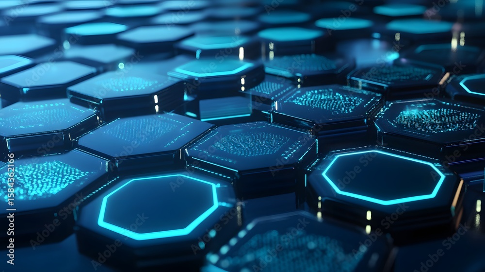 Obraz premium Hexagonal digital grid pattern with glowing outlines.