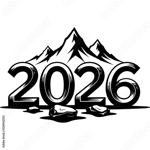 Sketchy emblem of the inscription 2026 carved into the rocks in the mountains. Engraving minimalistic vector in black ink drawing on transparent background