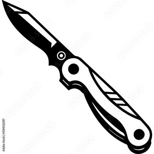 Sketchy emblem of short blade camping knife. Engraving minimalistic vector in black ink drawing on transparent background