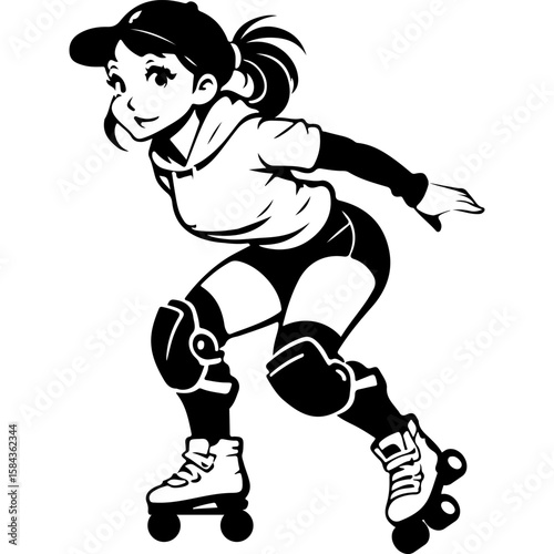 Sketchy sport emblem of cute girl in baseball cap on roller skates. Engraving minimalistic vector in black ink drawing on transparent background