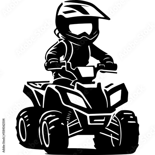 Sketchy sport emblem of Novice athlete learns to drive an ATV. Engraving minimalistic vector in black ink drawing on transparent background