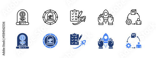 Business incubator icon sheet with Incubator, Startup, Startup support, Product development