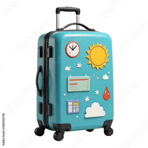 Teal Hard Shell Suitcase with Travel and Weather Appliques on Wheels