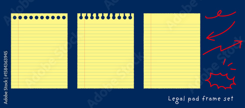 黄色いリーガルパッド風の罫線付きメモ用紙と手描き風アイコンのセット｜ノート、罫線、黄色い紙、吹き出し、矢印、文房具