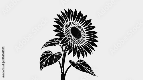 Captivating black and white sunflower illustration showcasing intricate details of petals and leaves, providing a striking floral motif.