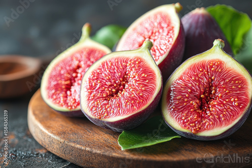 Figs, halved, on wood cutting board.