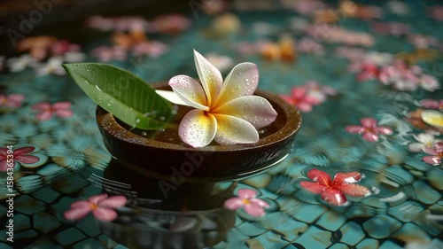 Plumeria frangipani flower with water droplet floats on wooden bowl with tropical leaf surrounded by colorful flowers creating peaceful calming scene
