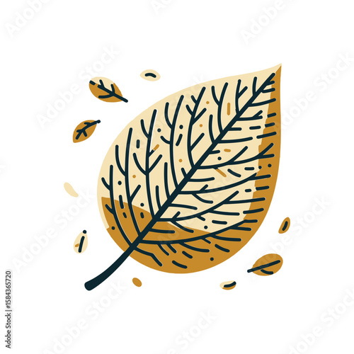 stylized, illustrative icon of a golden autumn leaf with detailed veins and smaller falling leaves, ideal for websites or blogs about autumn, nature, fall foliage, seasons, or environmental themes.