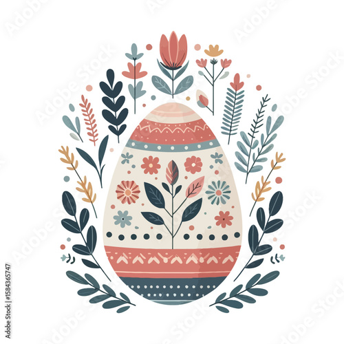 folk art inspired illustration of a decorated Easter egg surrounded by stylized flowers and leaves, perfect for websites or blogs about Easter, spring, holidays, decorations, or seasonal crafts.