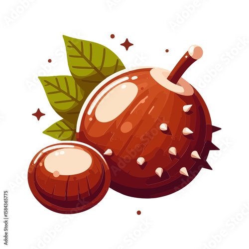 stylized, illustrative graphic of a horse chestnut in its spiky husk alongside a smooth chestnut, with green leaves, suitable for websites or blogs about autumn, nature, fall decor, seasonal themes