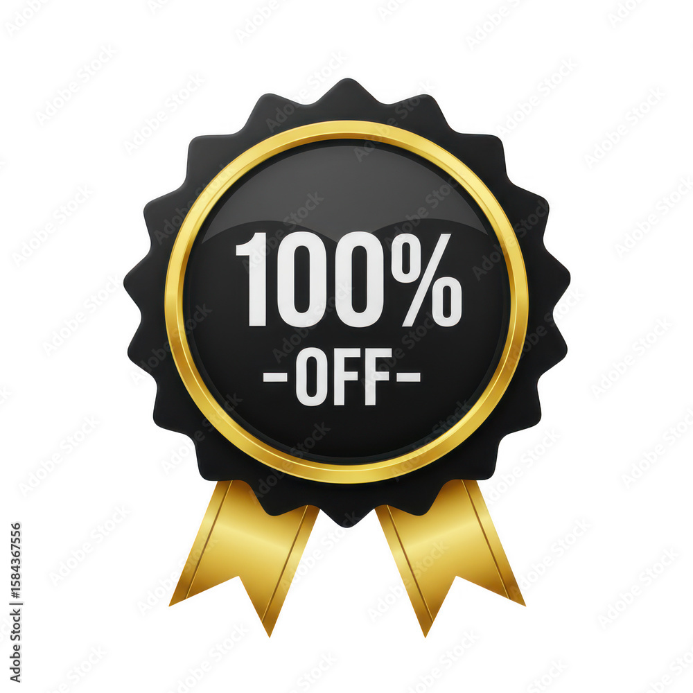 Premium black and gold 100 percent off discount badge with ribbons isolated on transparent background Premium black and gold 100 percent off discount badge with ribbons isolated on transparent background