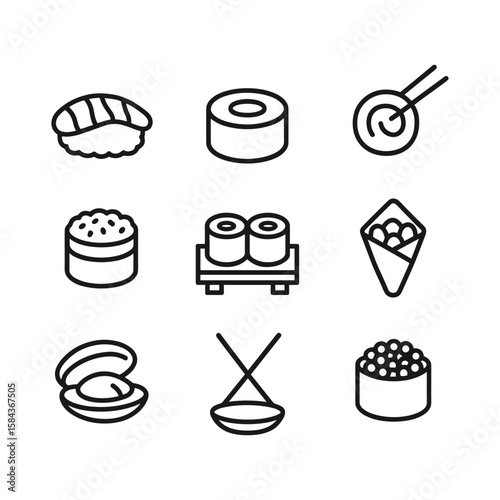 Japanese sushi icons collection. Outline symbols. Line design
