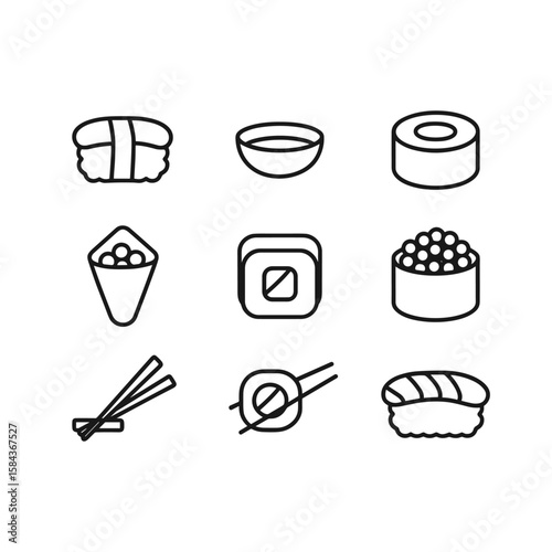 Sushi and japanese food icons collection. Outline symbols. Line design