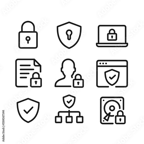 Cybersecurity data protection icons. Outline symbols. Line design