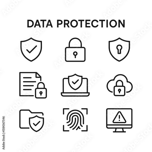 Data protection security icons. Outline symbols. Line design