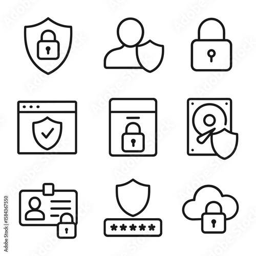 Information security icons set. Outline symbols. Line design