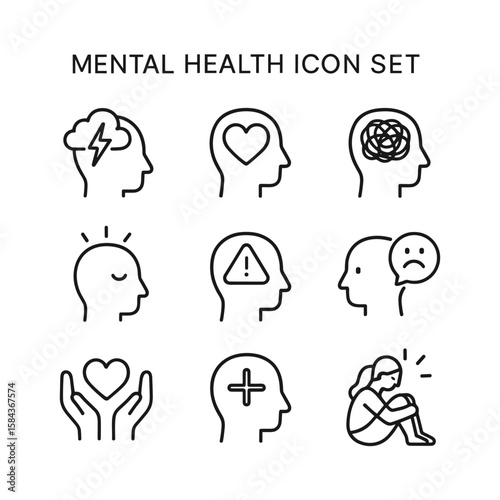 Psychology mental health icons. Outline symbols. Line design
