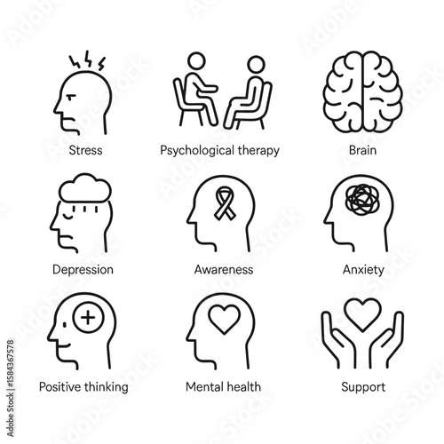 Psychology and mental wellness icon set. Outline symbols. Line design