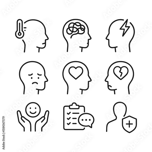 Brain and mental health care icons. Outline symbols. Line design