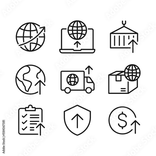International business and travel icons. Outline symbols. Line design