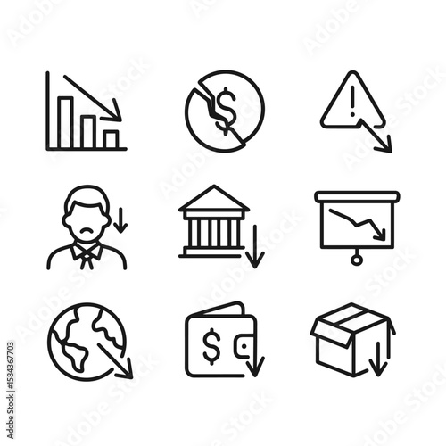 Economic crisis and financial decline vector icons. Outline symbols. Line design