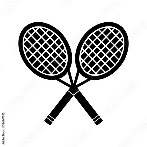 Minimal black tennis rackets icon in crossed shape for sports emblem vector illustration