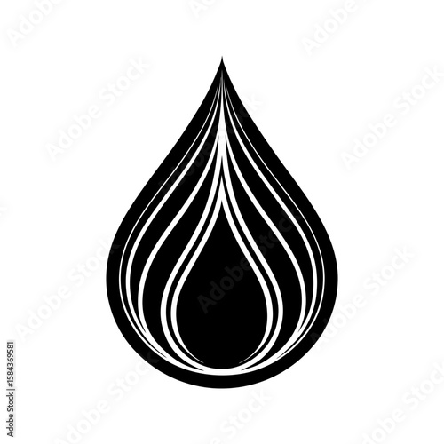 Water drop icon in black silhouette. Liquid droplet vector with abstract swirl design.
