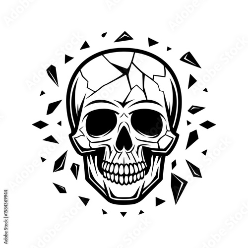 Human skull top-view illustration with cracking effect, horror graphic vector 
