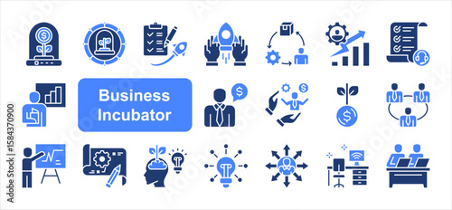 Business incubator editable stroke icon set, with Startup, Funding, Business development, Product development, Business plan, Innovation.