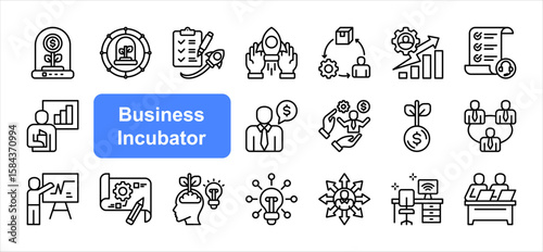 Business incubator editable stroke icon set, with Startup, Funding, Business development, Product development, Business plan, Innovation.