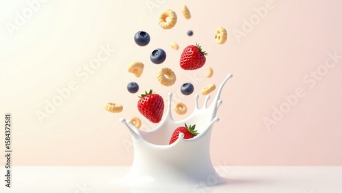 Delicious Breakfast Cereal with Milk Splash and Berries